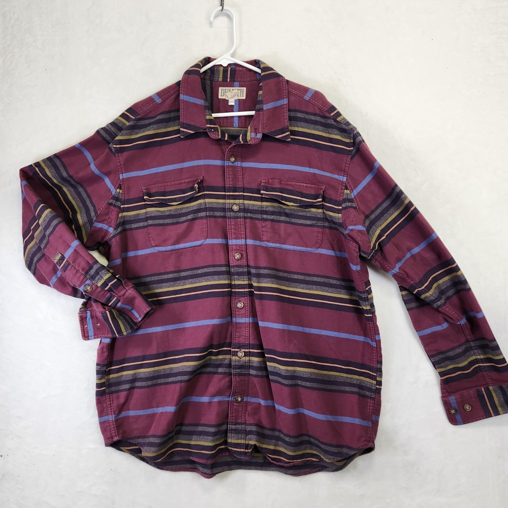 Duluth Trading Co Mens XL Heavyweight Cotton Striped Flannel Shirt Burgundy Blue